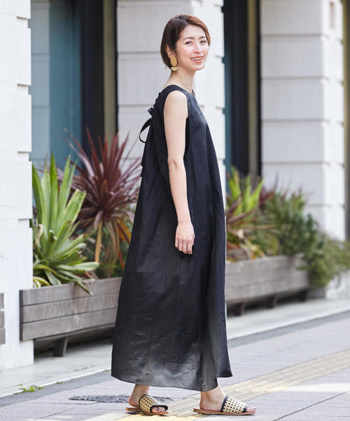 【美品】ビューティーアンドユース B&Y リネンロングワンピース 麻 リボン 美品】ビューティーアンドユース B&Y リネンロングワンピース 麻