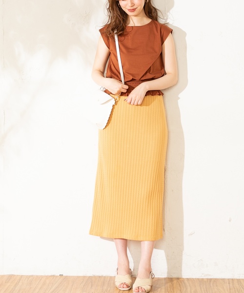 natural couture（ナチュラルクチュール）の「レトロジャガードゆるタイトスカート（スカート・レディース・アイボリー/オレンジ/ベージュ/ブラック・FREE）」の4枚目の写真