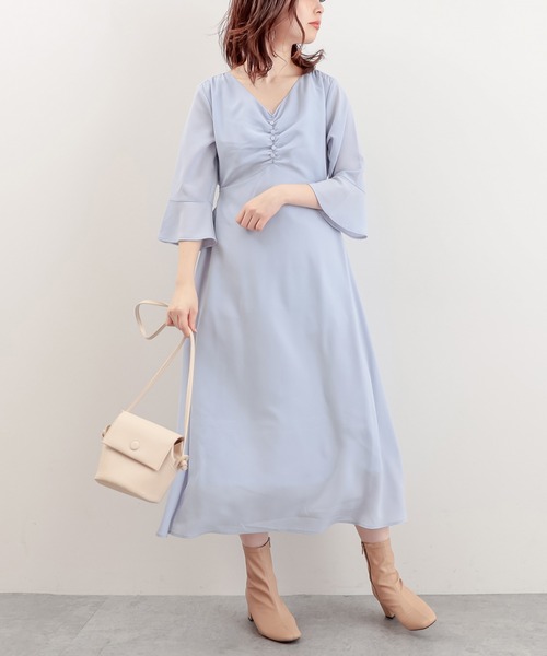 natural couture(ナチュラルクチュール)の「【WEB限定】胸くしゅすっきりAラインレディワンピース(ワンピース)」|サックスブルー