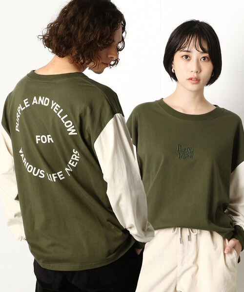 Purple&Yellow（パープルアンドイエロー）の「ロゴ刺繍＆バックプリントワイド長袖クルーネックＴシャツ（Tシャツ/カットソー・メンズ・ホワイト/ブラック/チャコール/カーキ/パープル/グレイッシュベージュ/ボルドー・SMALL/MEDIUM/LARGE）」の6枚目の写真