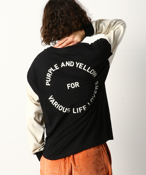 Purple&Yellow（パープルアンドイエロー）の「ロゴ刺繍＆バックプリントワイド長袖クルーネックＴシャツ（Tシャツ/カットソー・メンズ・ホワイト/ブラック/チャコール/カーキ/パープル/グレイッシュベージュ/ボルドー・SMALL/MEDIUM/LARGE）」の4枚目の写真