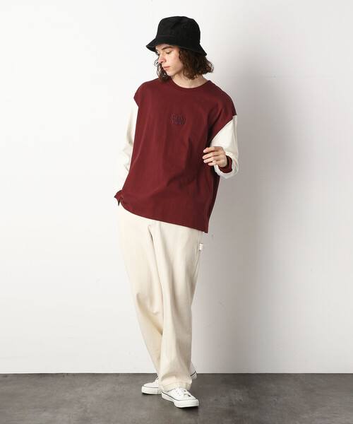 Purple&Yellow（パープルアンドイエロー）の「ロゴ刺繍＆バックプリントワイド長袖クルーネックＴシャツ（Tシャツ/カットソー・メンズ・ホワイト/ブラック/チャコール/カーキ/パープル/グレイッシュベージュ/ボルドー・SMALL/MEDIUM/LARGE）」の12枚目の写真