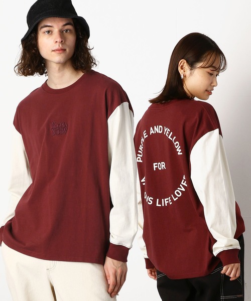 Purple&Yellow（パープルアンドイエロー）の「ロゴ刺繍＆バックプリントワイド長袖クルーネックＴシャツ（Tシャツ/カットソー・メンズ・ホワイト/ブラック/チャコール/カーキ/パープル/グレイッシュベージュ/ボルドー・SMALL/MEDIUM/LARGE）」の7枚目の写真