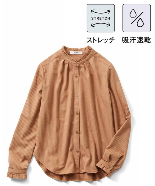 IEDIT（イディット）の「きちんと見えて伸びやかな　スタンドフリルが女性らしい吸汗速乾ブラウス（シャツ/ブラウス・レディース・キャメル/ホワイト/ネイビー・LARGE/XX-LARGE/SMALL/X-LARGE/MEDIUM）」の5枚目の写真