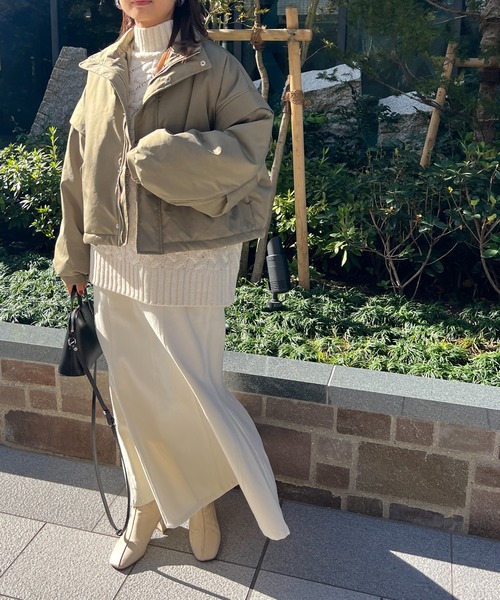 StyleSea（スタイルシー）の「スタンドカラー中綿ショートブルゾン（ダウンジャケット/コート・レディース・アイボリー/ベージュ/カーキ/ブラック・FREE）」の5枚目の写真