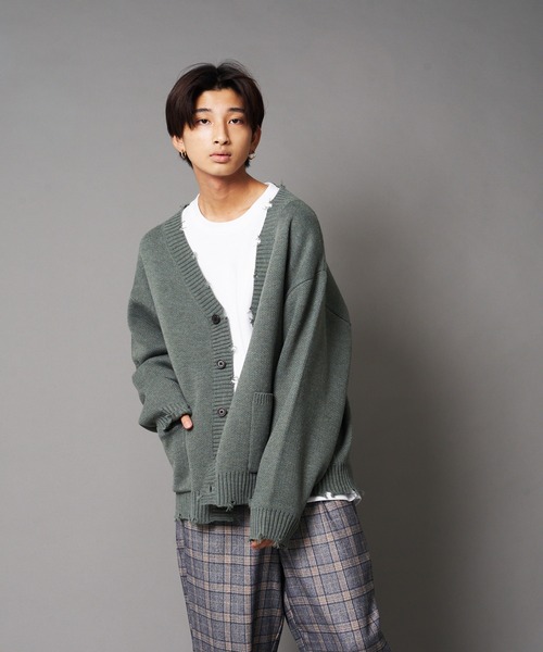 UNIIT(ユニット)の「【UNIIT/ユニット】ダメージニットルーズビッグシルエットカーディガン(カーディガン/ボレロ・メンズ・ダークグリーン/ベージュ/グリーン/杢グレー・SMALL/MEDIUM/LARGE)」の13枚目の写真