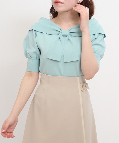 ASTORIA ODIER（アストリアオディール）の「ショールカラーリボンプルオーバー（ニット/セーター・レディース・ホワイト/ベージュ/ネイビー/ミント/マジェンタ/ラベンダー/チャコールグレー/グレイッシュベージュ・MEDIUM）」の5枚目の写真