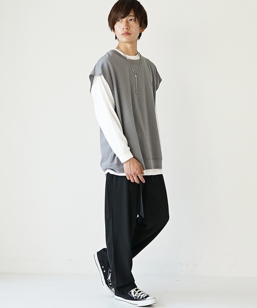 MinoriTY】とろみ素材ベルト付きワイドテーパードパンツ イージー