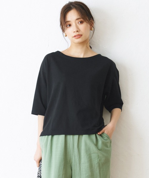 coca(coca)(コカ)の「長さ選べるミニ裏毛ボートネックトップス(Tシャツ/カットソー・レディース・グレー/ブラック・L/M)」の2枚目の写真