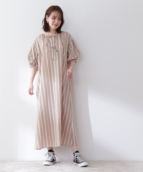 N.（N. Natural Beauty Basic）（エヌエヌナチュラルビューティーベーシック）の「◆フロントリボンＡラインマルチストライプワンピース（ワンピース・レディース・ベージュ/ブルー/グリーン・MEDIUM）」の4枚目の写真