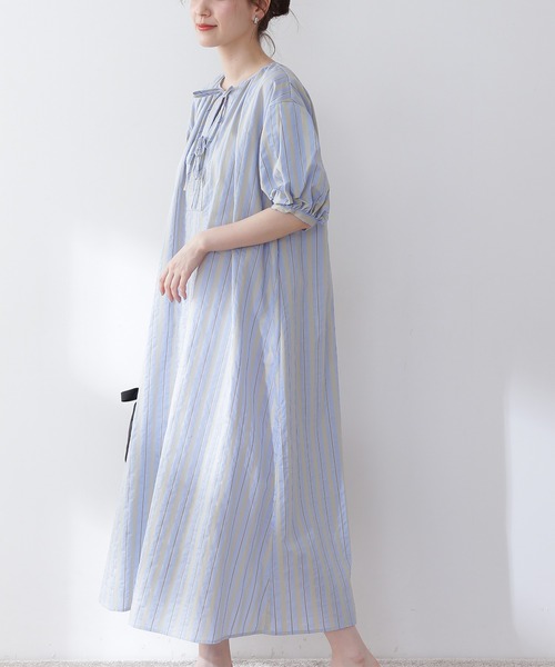 N.（N. Natural Beauty Basic）（エヌエヌナチュラルビューティーベーシック）の「◆フロントリボンＡラインマルチストライプワンピース（ワンピース・レディース・ベージュ/ブルー/グリーン・MEDIUM）」の10枚目の写真