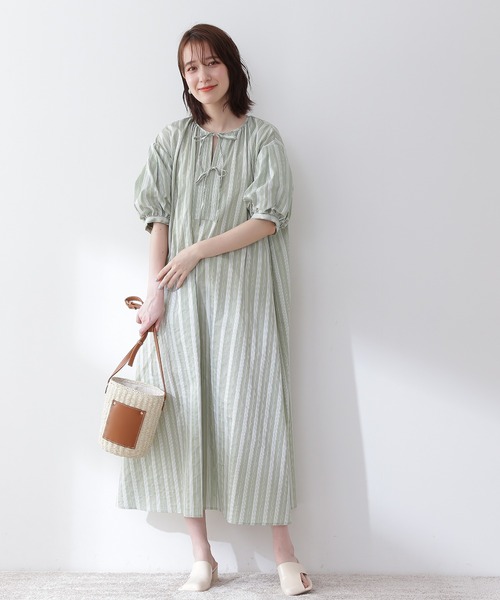 N.（N. Natural Beauty Basic）（エヌエヌナチュラルビューティーベーシック）の「◆フロントリボンＡラインマルチストライプワンピース（ワンピース・レディース・ベージュ/ブルー/グリーン・MEDIUM）」の6枚目の写真