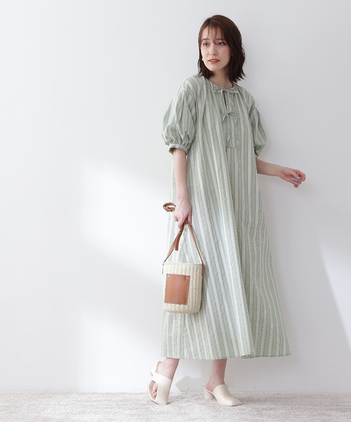 N.（N. Natural Beauty Basic）（エヌエヌナチュラルビューティーベーシック）の「◆フロントリボンＡラインマルチストライプワンピース（ワンピース・レディース・ベージュ/ブルー/グリーン・MEDIUM）」の7枚目の写真