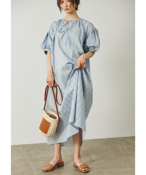 N.（N. Natural Beauty Basic）（エヌエヌナチュラルビューティーベーシック）の「◆フロントリボンＡラインマルチストライプワンピース（ワンピース・レディース・ベージュ/ブルー/グリーン・MEDIUM）」の21枚目の写真