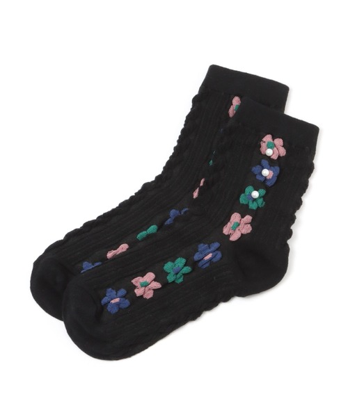 ANGEL SOCKS（エンジェルソックス）の「AngelSocks／1266パールフラワーソックス 2296809（ソックス/靴下・レディース・ホワイト/ブラック/ネイビー/ブラウン/グリーン・FREE）」の2枚目の写真