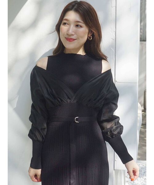 MERCURYDUO（マーキュリーデュオ）の「異素材ドッキングフレアニットワンピース（ワンピース・レディース・ベージュ/ネイビー/アイボリー/ベビーピンク・SMALL/MEDIUM）」の9枚目の写真