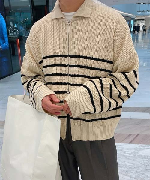ASCLO（エジュクロ）の「ASCLO Bubble Border Zip Up Knit Cardigan（カーディガン/ボレロ・メンズ・アイボリー/ネイビー・FREE）」の11枚目の写真