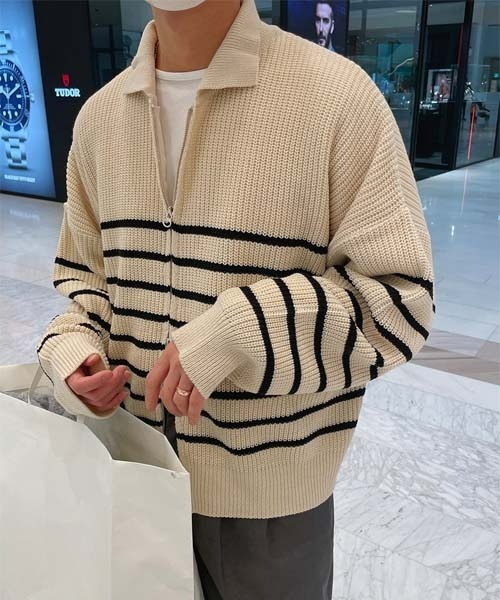 ASCLO（エジュクロ）の「ASCLO Bubble Border Zip Up Knit Cardigan（カーディガン/ボレロ・メンズ・アイボリー/ネイビー・FREE）」の12枚目の写真