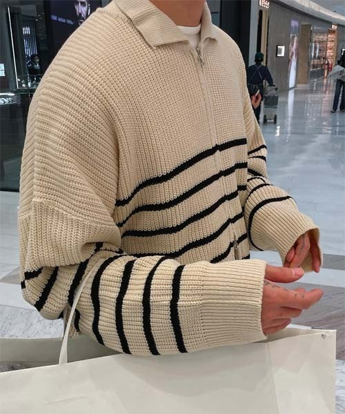 ASCLO（エジュクロ）の「ASCLO Bubble Border Zip Up Knit Cardigan（カーディガン/ボレロ・メンズ・アイボリー/ネイビー・FREE）」の13枚目の写真