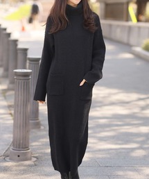タートルネックロングリブニットワンピース
