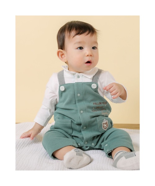 SLAP SLIP BABY（スラップスリップベビー）の「SLAPSLIPBABY/襟付サロペットレイヤード風ロンパースベビー(60~80cm)（ロンパース・キッズ・グレー/グリーン・80/60/70）」の2枚目の写真