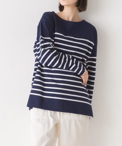 OMNES(オムネス)の「パネルボーダーコットン長袖Tシャツ(Tシャツ/カットソー・レディース・ホワイト×ブルー/ホワイト×ブラック/ネイビー×ホワイト/ホワイト×グリーン/グレー系その他/ホワイト系その他・FREE)」の6枚目の写真