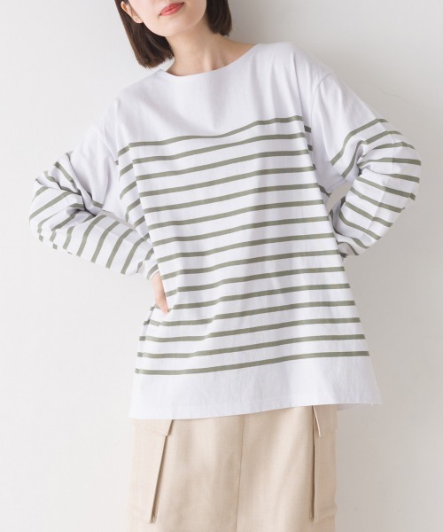 OMNES(オムネス)の「パネルボーダーコットン長袖Tシャツ(Tシャツ/カットソー・レディース・ホワイト×ブルー/ホワイト×ブラック/ネイビー×ホワイト/ホワイト×グリーン/グレー系その他/ホワイト系その他・FREE)」の3枚目の写真