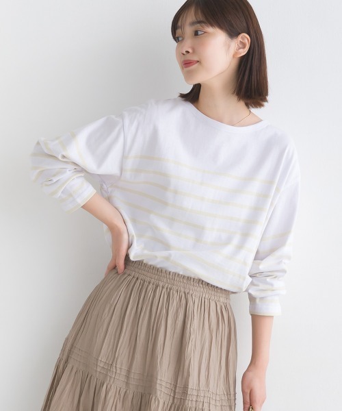 OMNES(オムネス)の「パネルボーダーコットン長袖Tシャツ(Tシャツ/カットソー・レディース・ホワイト×ブルー/ホワイト×ブラック/ネイビー×ホワイト/ホワイト×グリーン/グレー系その他/ホワイト系その他・FREE)」の5枚目の写真