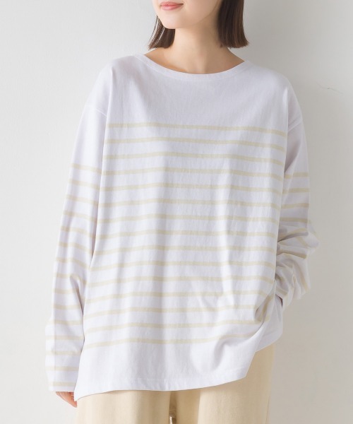 OMNES(オムネス)の「パネルボーダーコットン長袖Tシャツ(Tシャツ/カットソー・レディース・ホワイト×ブルー/ホワイト×ブラック/ネイビー×ホワイト/ホワイト×グリーン/グレー系その他/ホワイト系その他・FREE)」の11枚目の写真