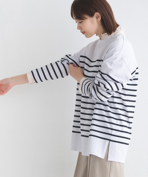 OMNES(オムネス)の「パネルボーダーコットン長袖Tシャツ(Tシャツ/カットソー・レディース・ホワイト×ブルー/ホワイト×ブラック/ネイビー×ホワイト/ホワイト×グリーン/グレー系その他/ホワイト系その他・FREE)」の8枚目の写真