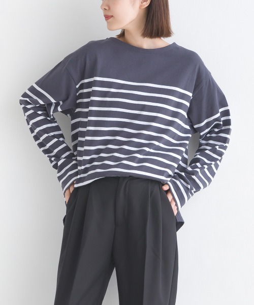 OMNES(オムネス)の「パネルボーダーコットン長袖Tシャツ(Tシャツ/カットソー・レディース・ホワイト×ブルー/ホワイト×ブラック/ネイビー×ホワイト/ホワイト×グリーン/グレー系その他/ホワイト系その他・FREE)」の18枚目の写真