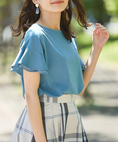 Honeys（ハニーズ）の「フリル袖Ｔシャツ（Tシャツ/カットソー・レディース・ネイビー/ピンク/モカ/オフホワイト/ライトベージュ/ブラック/ブルー/レッド/ダークブルー・LL/M/S/3L/L）」の8枚目の写真