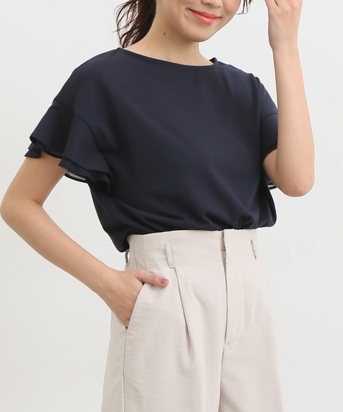 Honeys（ハニーズ）の「フリル袖Ｔシャツ（Tシャツ/カットソー・レディース・ネイビー/ピンク/モカ/オフホワイト/ライトベージュ/ブラック/ブルー/レッド/ダークブルー・LL/M/S/3L/L）」の6枚目の写真