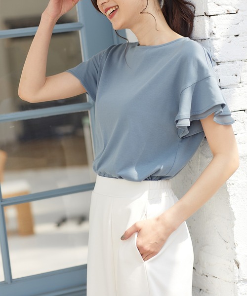 Honeys（ハニーズ）の「フリル袖Ｔシャツ（Tシャツ/カットソー・レディース・ネイビー/ピンク/モカ/オフホワイト/ライトベージュ/ブラック/ブルー/レッド/ダークブルー・LL/M/S/3L/L）」の7枚目の写真