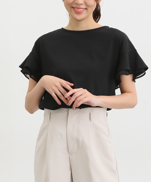 Honeys（ハニーズ）の「フリル袖Ｔシャツ（Tシャツ/カットソー・レディース・ネイビー/ピンク/モカ/オフホワイト/ライトベージュ/ブラック/ブルー/レッド/ダークブルー・LL/M/S/3L/L）」の3枚目の写真