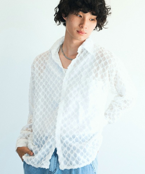 セール】長袖総柄ひしがたシースルーシャツ（シャツ/ブラウス