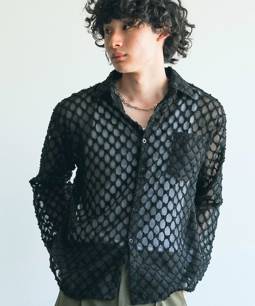 セール】長袖総柄ひしがたシースルーシャツ（シャツ/ブラウス