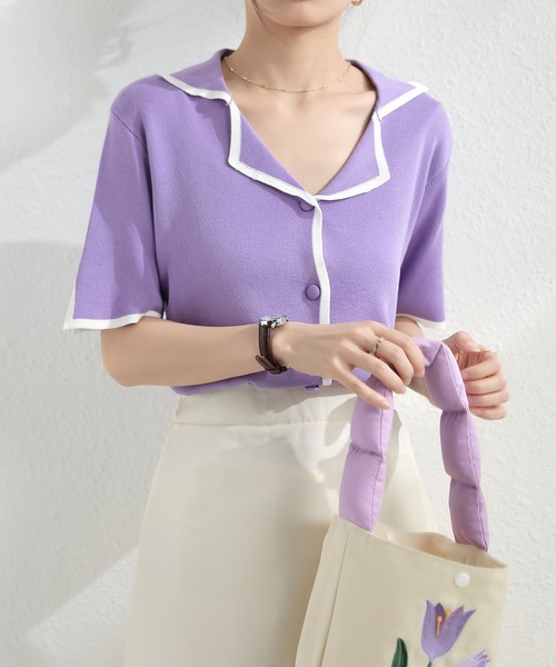 MAISON DE THERESE（メゾン ド テレーズ）の「バイカラーVネック薄手ニットシャツ（シャツ/ブラウス・レディース・ブラック/ホワイト/パープル/モカ・M）」の16枚目の写真