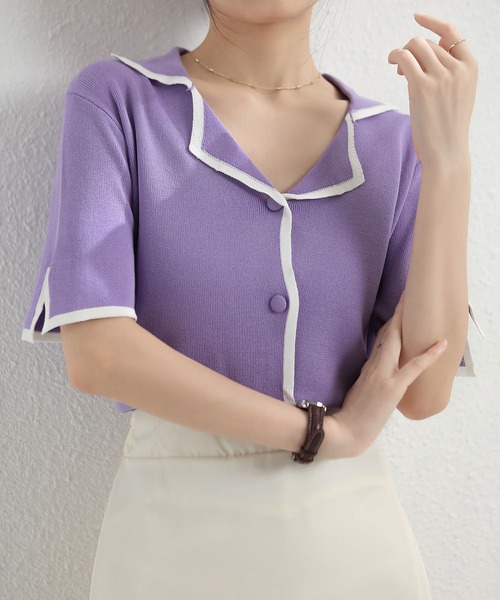 MAISON DE THERESE（メゾン ド テレーズ）の「バイカラーVネック薄手ニットシャツ（シャツ/ブラウス・レディース・ブラック/ホワイト/パープル/モカ・M）」の15枚目の写真