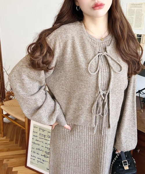 WarmMisty リブニットカーディガン&ワンピース セットアップ moment+ ワンピース 「セットアップニット」前後2WAYリボン