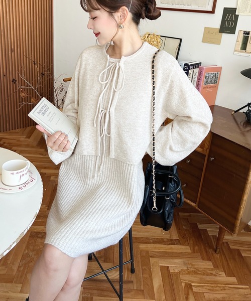 【着用2回】カデュネ　2wayカーディガン＆プリーツワンピース♡セットアップ セール】〈セットアップニット〉前後2WAYリボンニット