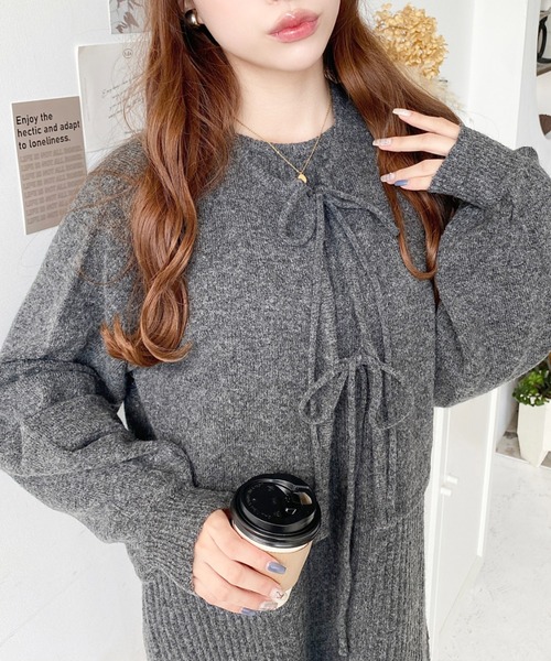 moment+（モーメントプラス）の「〈セットアップニット〉前後2WAYリボンミックスニットカーディガン＆ノースリーブリブニットワンピース（ワンピース・レディース・グレイッシュベージュ/モカ/ブラック/ナチュラル/ブラウン/チャコールグレー・L/M）」の20枚目の写真