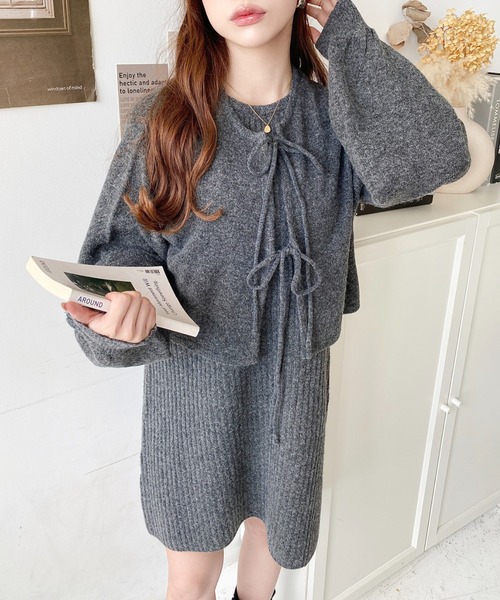 moment+（モーメントプラス）の「〈セットアップニット〉前後2WAYリボンミックスニットカーディガン＆ノースリーブリブニットワンピース（ワンピース・レディース・グレイッシュベージュ/モカ/ブラック/ナチュラル/ブラウン/チャコールグレー・L/M）」の17枚目の写真