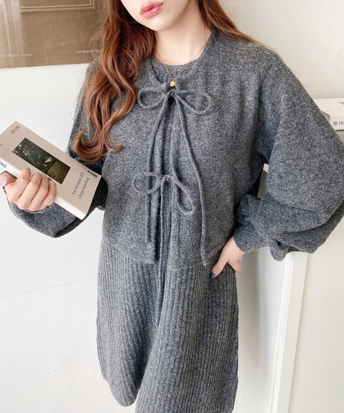 moment+（モーメントプラス）の「〈セットアップニット〉前後2WAYリボンミックスニットカーディガン＆ノースリーブリブニットワンピース（ワンピース・レディース・グレイッシュベージュ/モカ/ブラック/ナチュラル/ブラウン/チャコールグレー・L/M）」の18枚目の写真