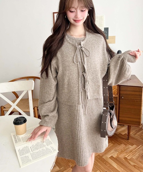 moment+（モーメントプラス）の「〈セットアップニット〉前後2WAYリボンミックスニットカーディガン＆ノースリーブリブニットワンピース（ワンピース・レディース・グレイッシュベージュ/モカ/ブラック/ナチュラル/ブラウン/チャコールグレー・L/M）」の9枚目の写真