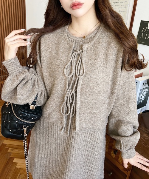 moment+（モーメントプラス）の「〈セットアップニット〉前後2WAYリボンミックスニットカーディガン＆ノースリーブリブニットワンピース（ワンピース・レディース・グレイッシュベージュ/モカ/ブラック/ナチュラル/ブラウン/チャコールグレー・L/M）」の7枚目の写真