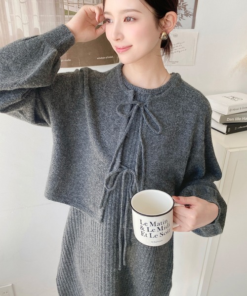 moment+（モーメントプラス）の「〈セットアップニット〉前後2WAYリボンミックスニットカーディガン＆ノースリーブリブニットワンピース（ワンピース・レディース・グレイッシュベージュ/モカ/ブラック/ナチュラル/ブラウン/チャコールグレー・L/M）」の15枚目の写真