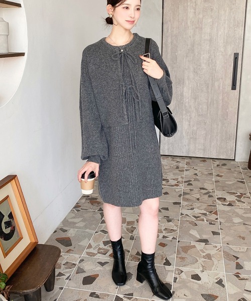 moment+（モーメントプラス）の「〈セットアップニット〉前後2WAYリボンミックスニットカーディガン＆ノースリーブリブニットワンピース（ワンピース・レディース・グレイッシュベージュ/モカ/ブラック/ナチュラル/ブラウン/チャコールグレー・L/M）」の11枚目の写真