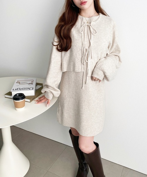 セール】〈セットアップニット〉前後2WAYリボンミックスニット