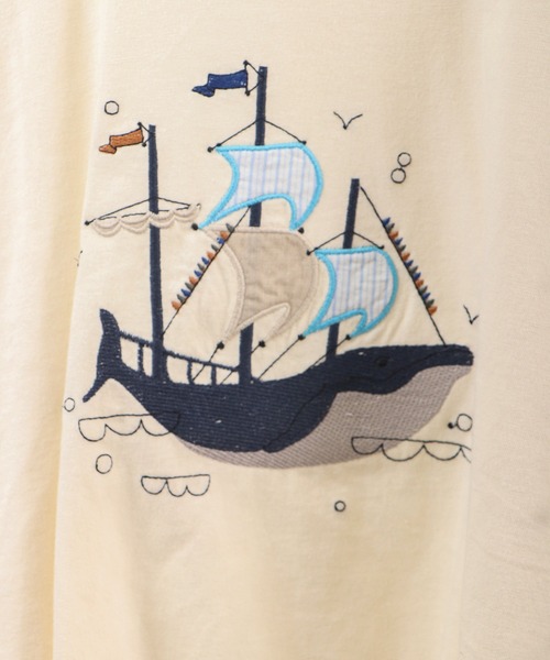 tシャツ EMAGO くじらパッチワーク刺繍ドルマン半袖Tシャツ レディース Emago tシャツ EMAGO くじらパッチワーク刺繍ドルマン半袖T